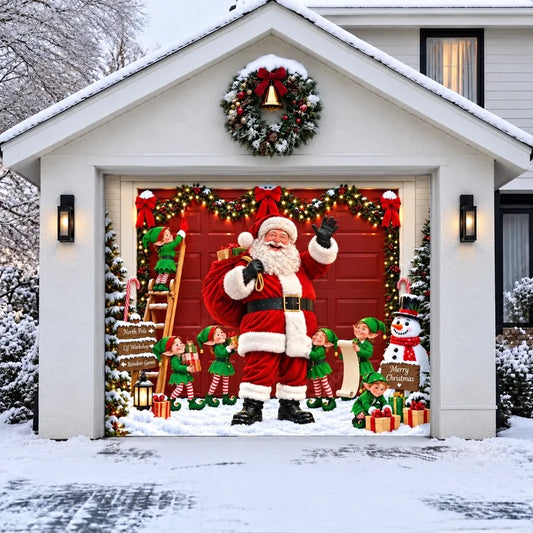 Santa's Crew Christmas garage door cover shown on a single garage door