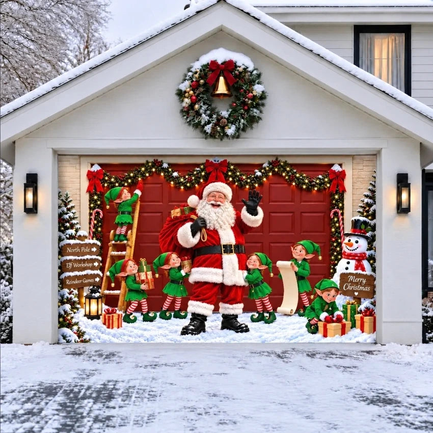 Santa's Crew Christmas garage door cover shown on a wide garage door