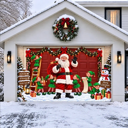 Santa's Crew Christmas garage door cover shown on a wide garage door