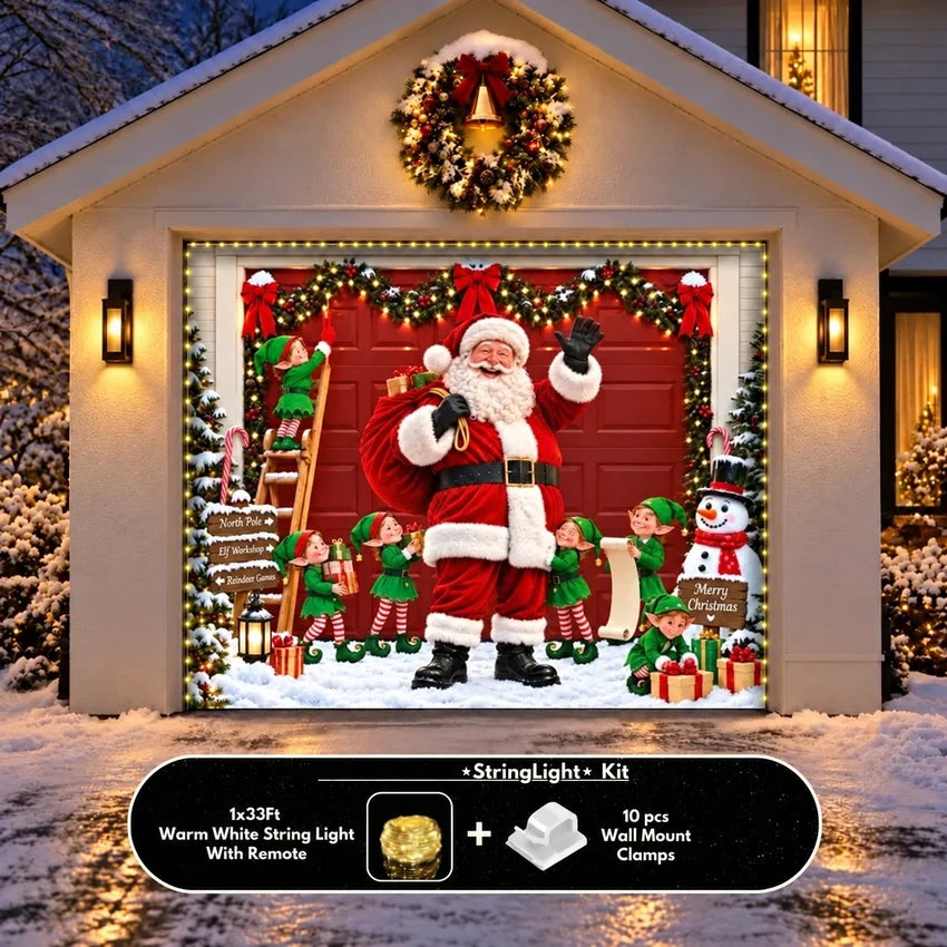 Santa's Crew Christmas garage door cover shown on a single garage door with the optional string light kit