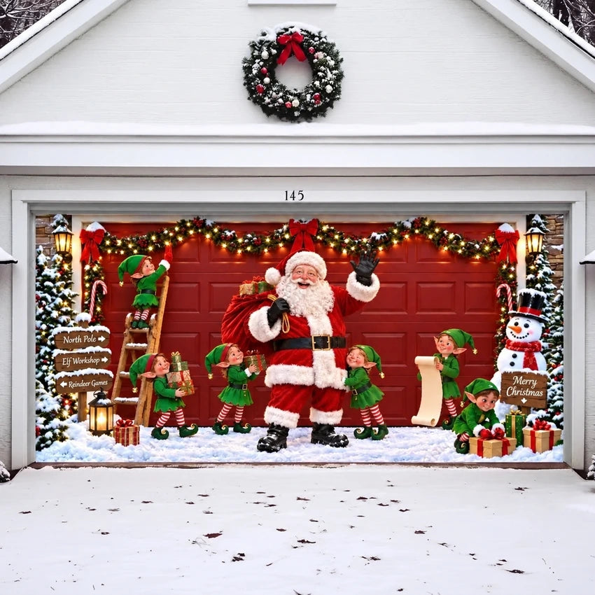 Santa's Crew Christmas garage door cover shown on a wide garage door