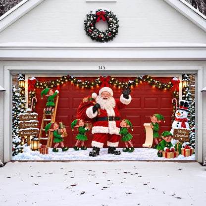 Santa's Crew Christmas garage door cover shown on a wide garage door