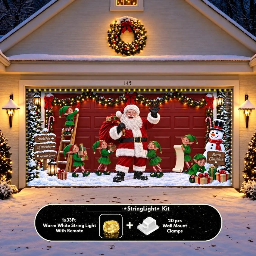 Santa's Crew Christmas garage door cover shown on a wide garage door with the optional string light kit