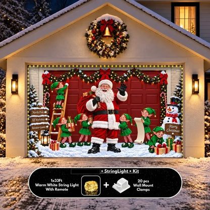 Santa's Crew Christmas garage door cover shown on a wide garage door with the optional string light kit