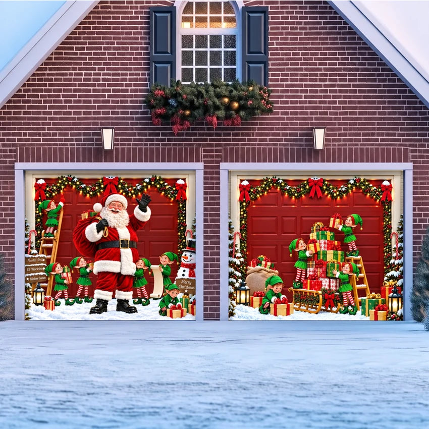 Santa's Crew Christmas garage door cover shown on two garage doors