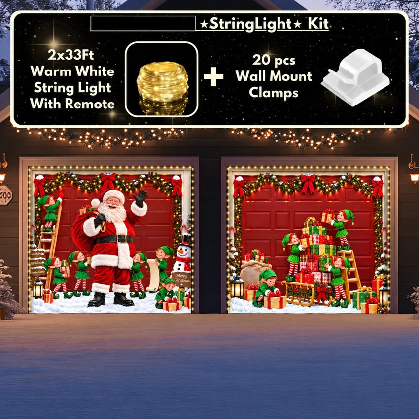 Santa's Crew Christmas garage door cover shown on two garage doors with the optional string light kit