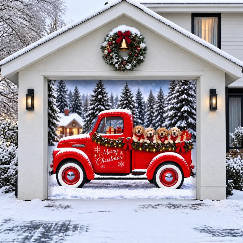 Santa's Retrievers Christmas garage door cover shown on a single garage door