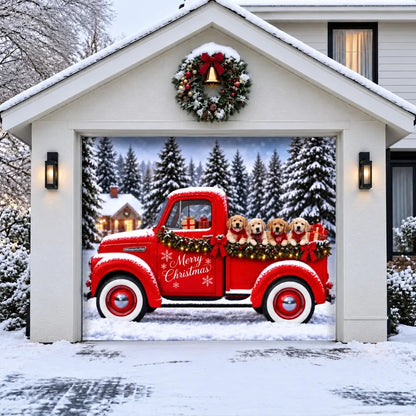 Santa's Retrievers Christmas garage door cover shown on a single garage door