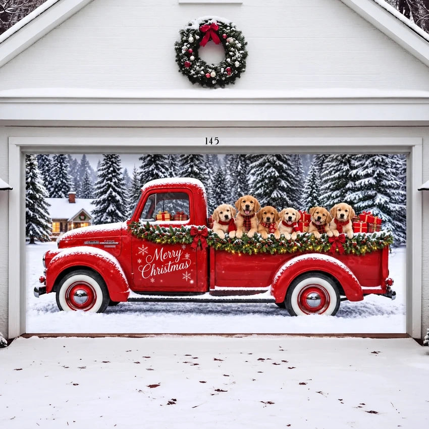 Santa's Retrievers Christmas garage door cover shown on a wide garage door