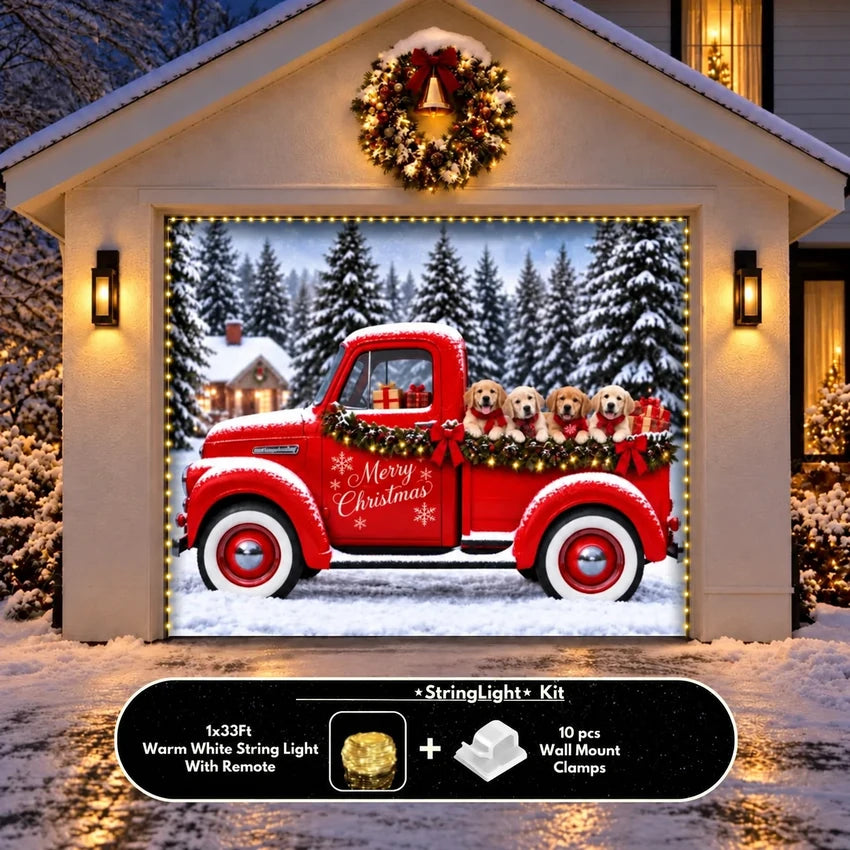 Santa's Retrievers Christmas garage door cover shown on a single garage door with the optional string light kit