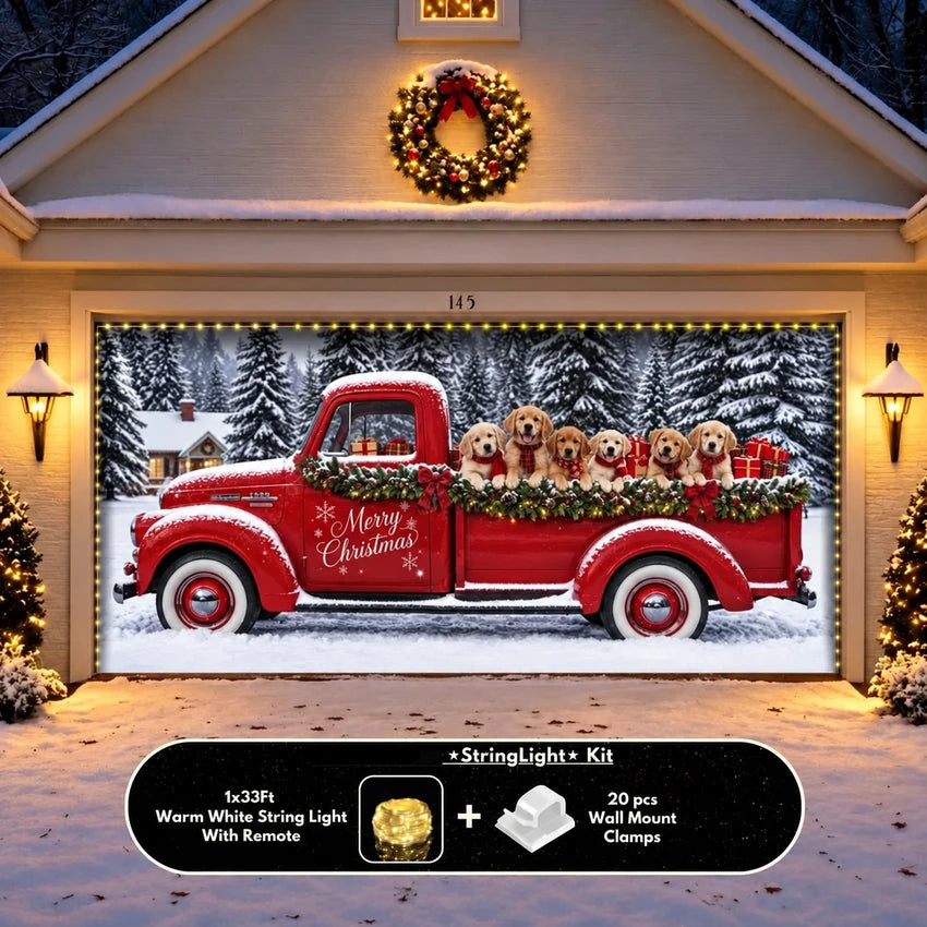 Santa's Retrievers Christmas garage door cover shown on a wide garage door with the optional string light kit