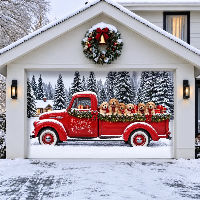 Santa's Retrievers Christmas garage door cover shown on a wide garage door