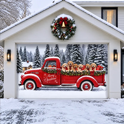 Santa's Retrievers Christmas garage door cover shown on a wide garage door