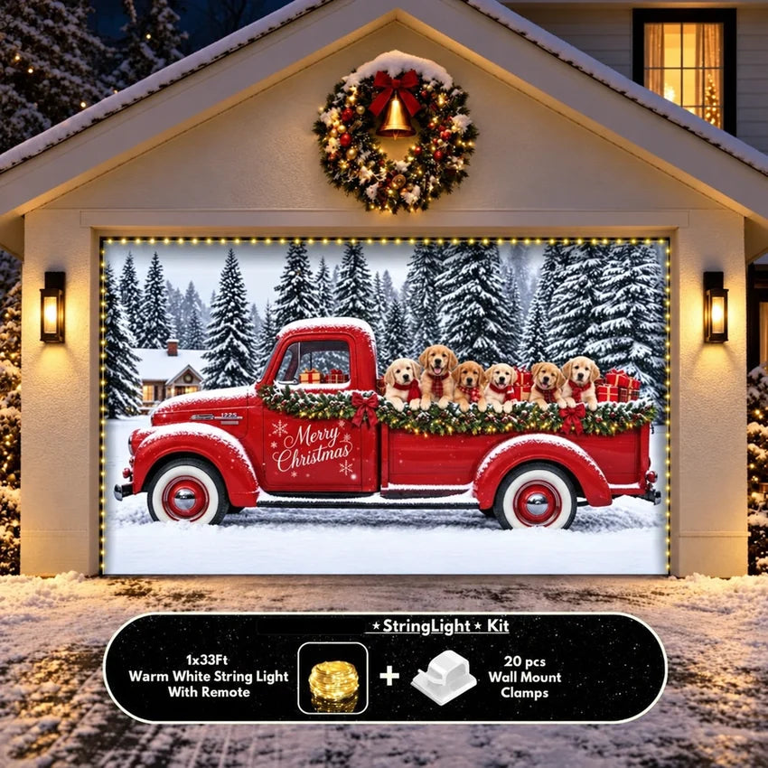 Santa's Retrievers Christmas garage door cover shown on a wide garage door with the optional string light kit