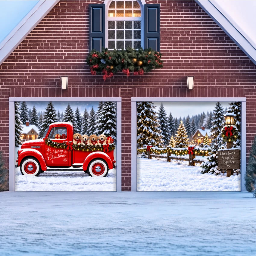 Santa's Retrievers Christmas garage door cover shown on two garage doors