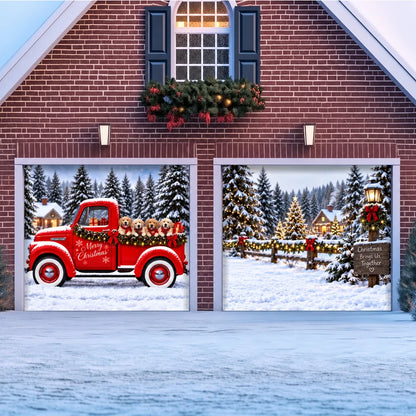 Santa's Retrievers Christmas garage door cover shown on two garage doors