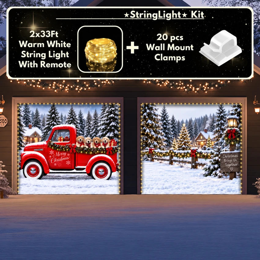 Santa's Retrievers Christmas garage door cover shown on two garage doors with the optional string light kit