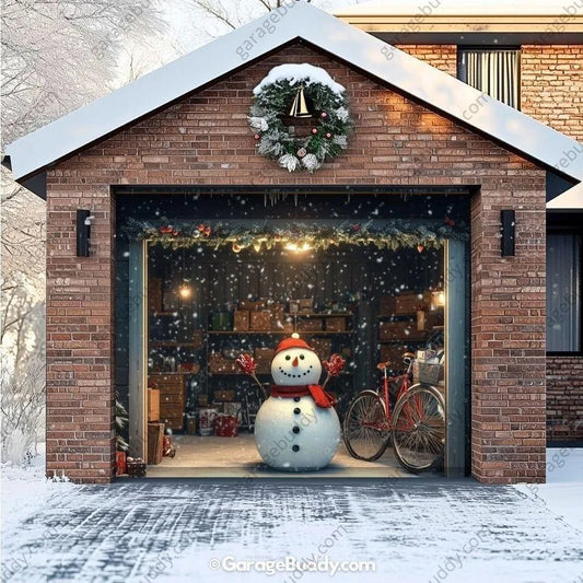 Snowy The Snowman Christmas garage door cover shown on a single garage door