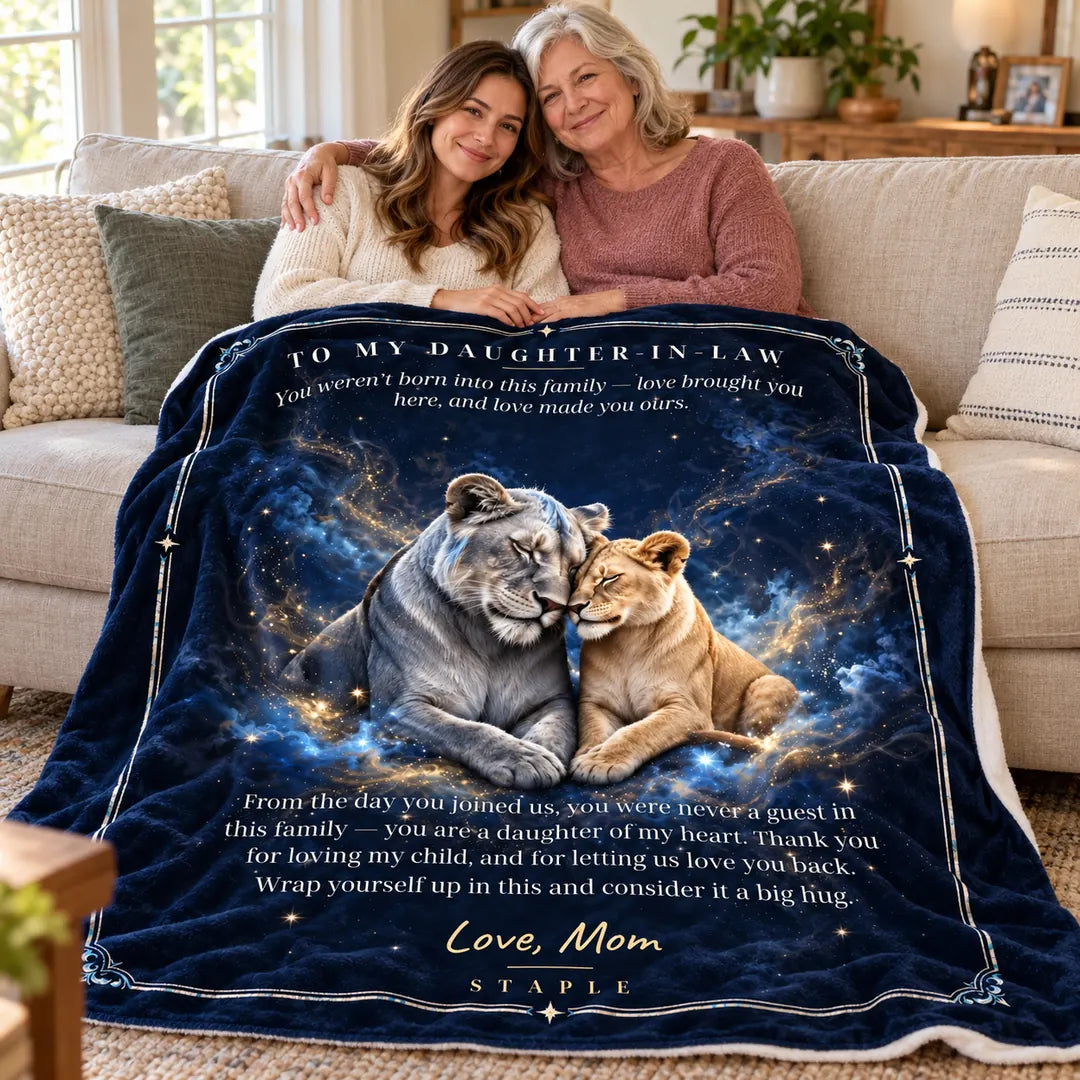 Mother-in-law and adult daughter-in-law sharing the navy lion gift blanket on a sofa, with Love, Mom message.