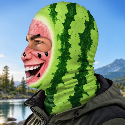 Side view of Watermelon Grin balaclava showing the green rind pattern