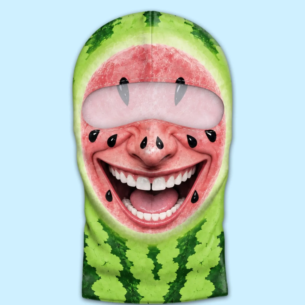 Front view of green Watermelon Grin print balaclava with an open eye area