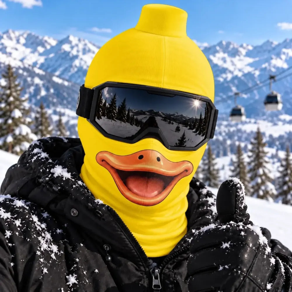 Yellow Duck blockhead balaclava worn with goggles; goggles and clothing not included