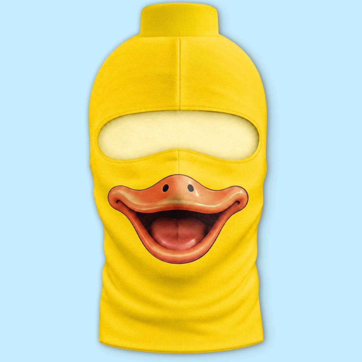 Front product view of Yellow Duck blockhead balaclava with flat printed orange bill