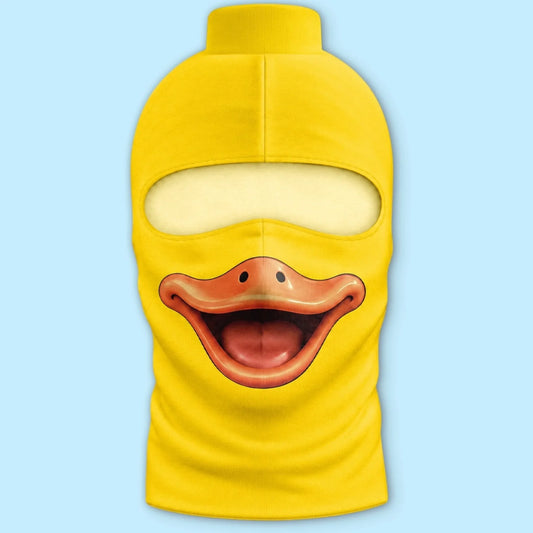 Front product view of Yellow Duck blockhead balaclava with flat printed orange bill