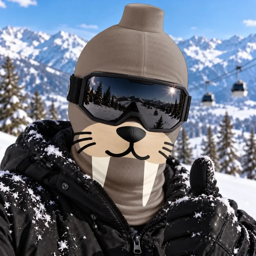 Walrus blockhead balaclava worn with goggles; goggles and clothing not included