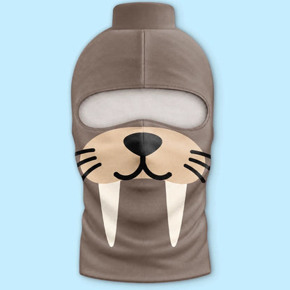 Front product view of taupe Walrus blockhead balaclava with printed whiskers and tusks