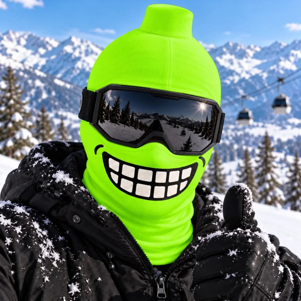 Lime Green Grin blockhead balaclava worn with goggles; goggles and clothing not included