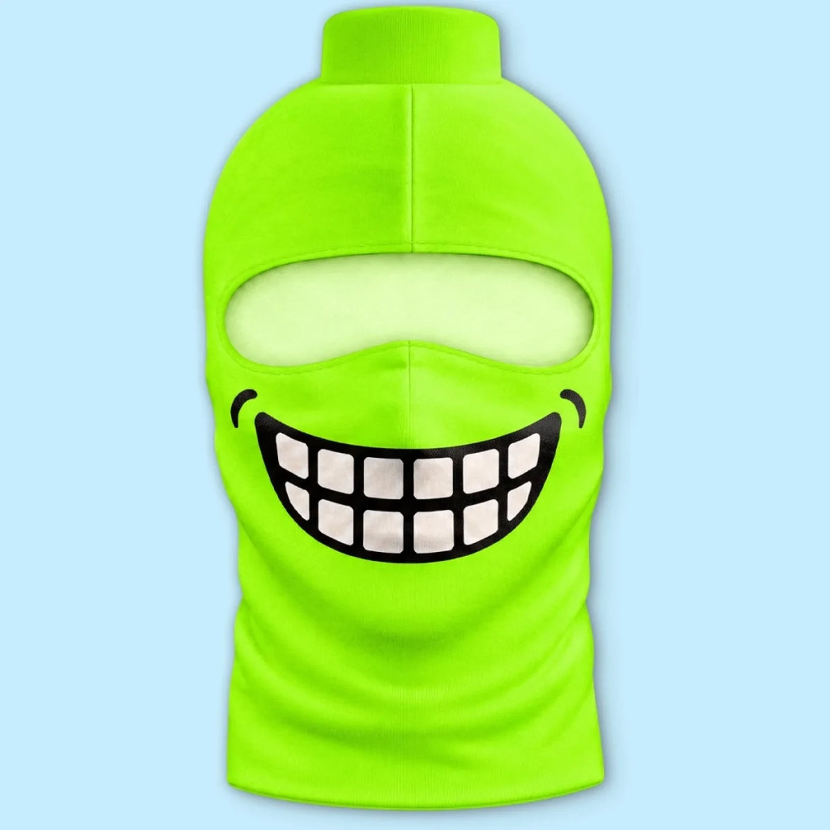 Front product view of Lime Green Grin blockhead balaclava with printed teeth