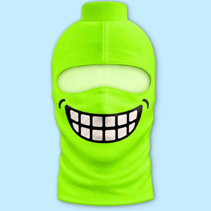 Front product view of Lime Green Grin blockhead balaclava with printed teeth