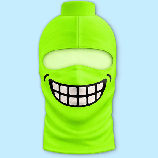 Front product view of Lime Green Grin blockhead balaclava with printed teeth