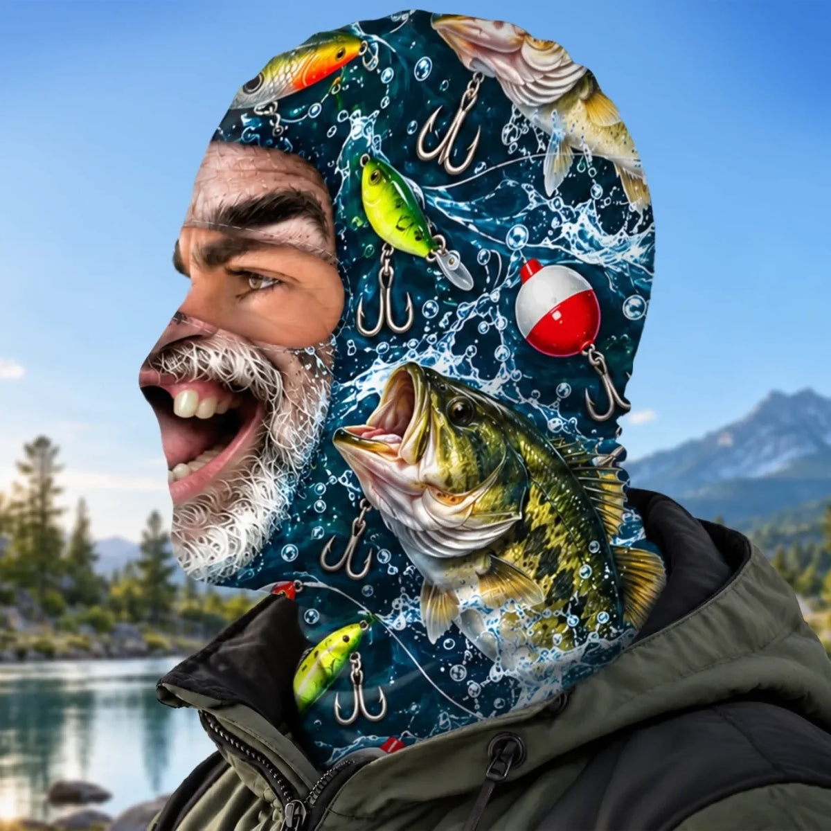 Side view of Grey-Bearded Fisherman balaclava with fish, lures and bobber print