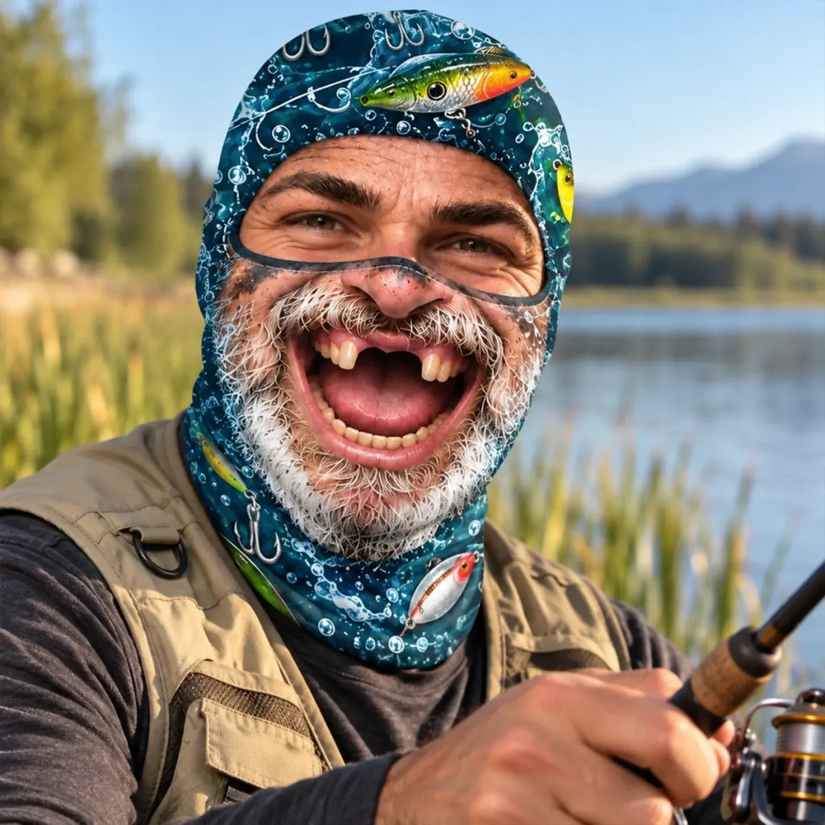 Grey-Bearded Fisherman print balaclava worn by a model, front view