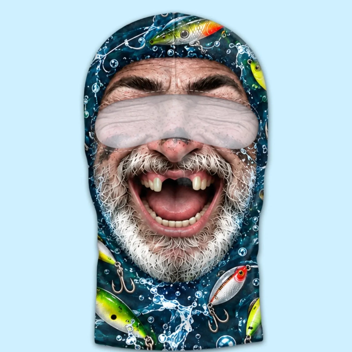 Front view of Grey-Bearded Fisherman print balaclava with fish and tackle artwork