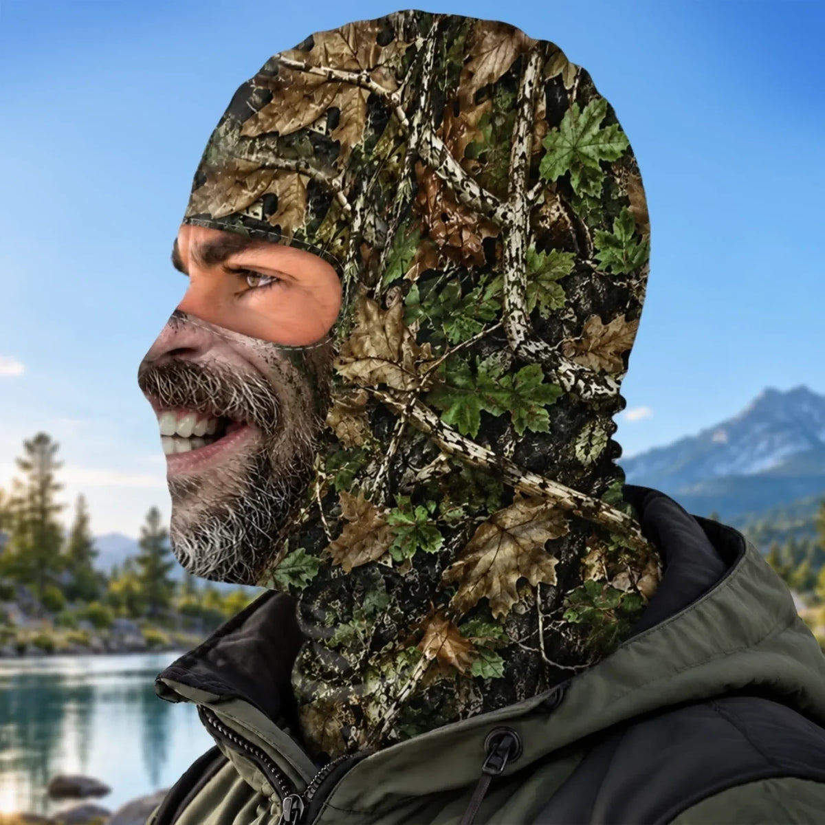 Side view of Grinning Camouflage Face balaclava with leaf and branch artwork