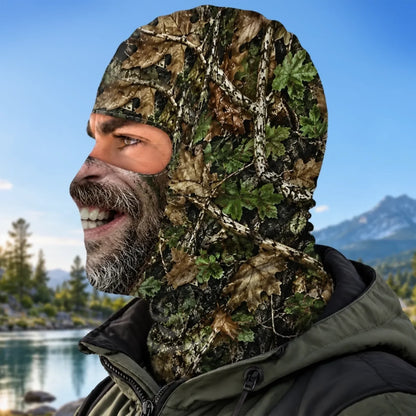 Side view of Grinning Camouflage Face balaclava with leaf and branch artwork
