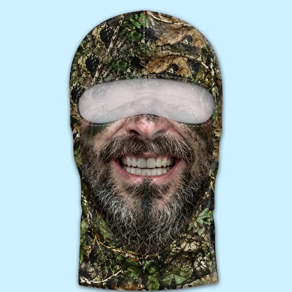 Front view of Grinning Camouflage Face balaclava with beard and woodland print