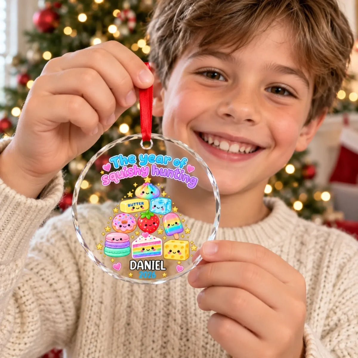 Held view of the personalized glass ornament with example name Daniel