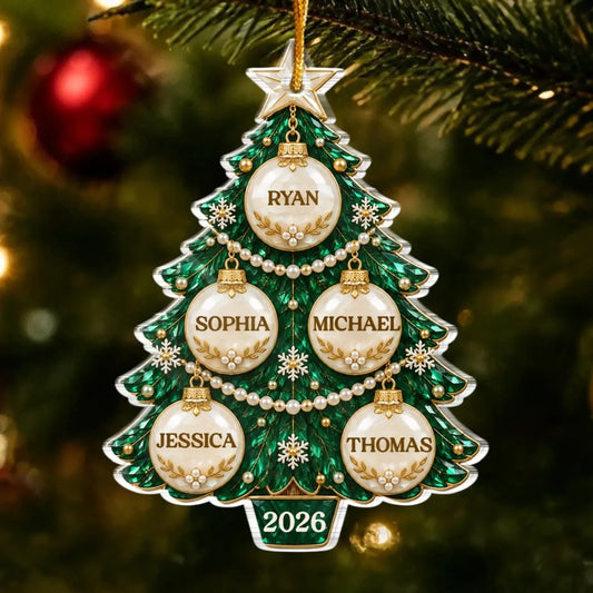 Personalized Family Name Bauble Tree Acrylic Ornament - close-up or held view of the personalized ornament design