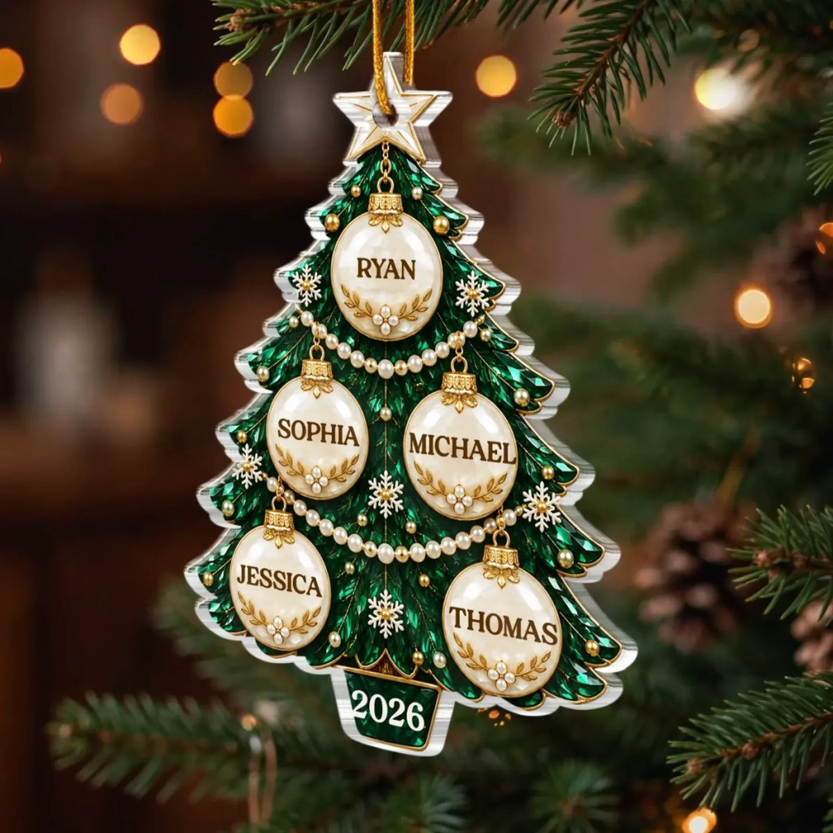 Personalized Family Name Bauble Tree Acrylic Ornament - close-up or held view of the personalized ornament design