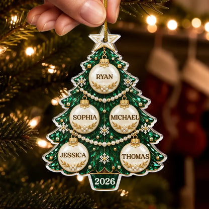 Personalized Family Name Bauble Tree Acrylic Ornament - close-up or held view of the personalized ornament design