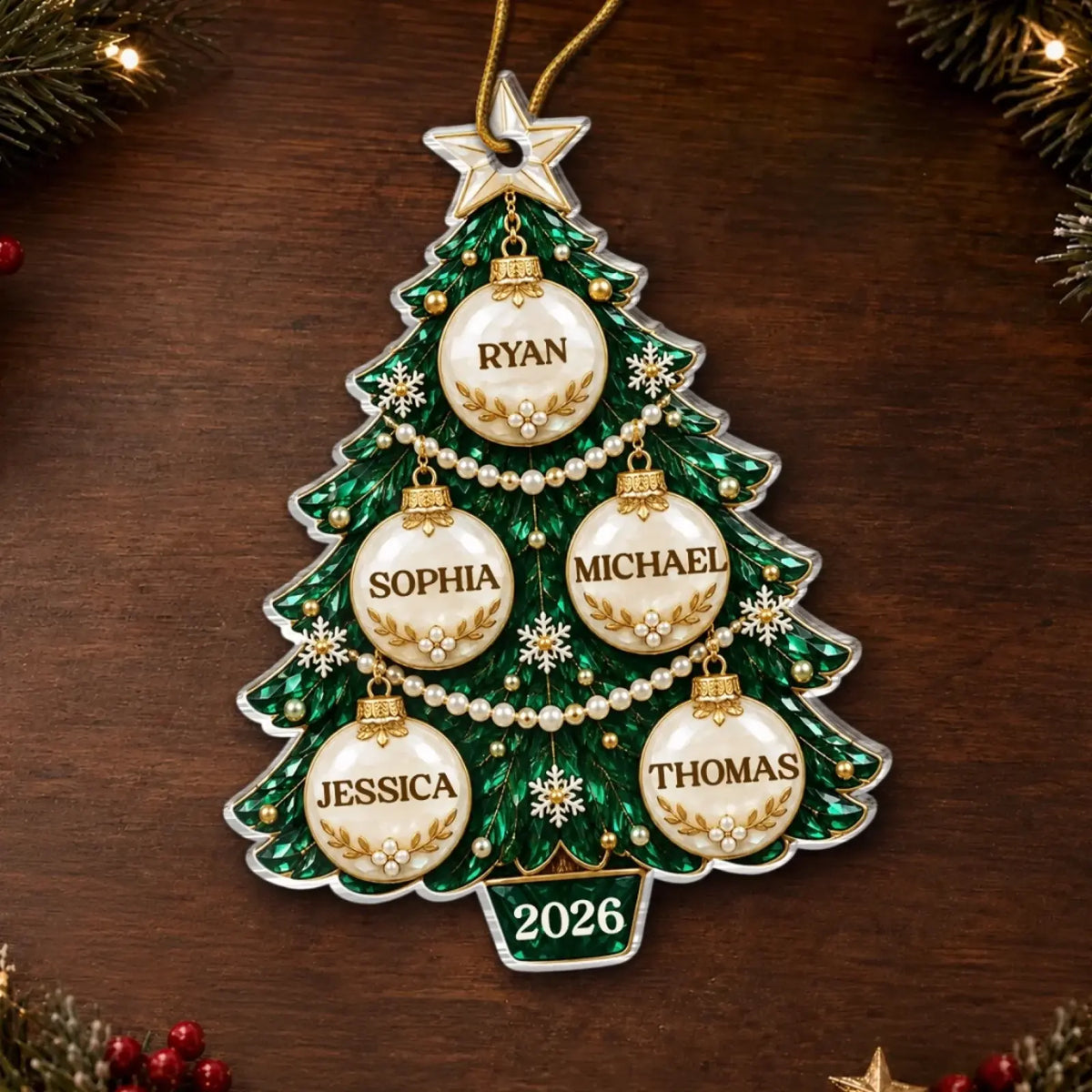 Personalized Family Name Bauble Tree Acrylic Ornament - close-up or held view of the personalized ornament design