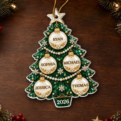 Personalized Family Name Bauble Tree Acrylic Ornament - close-up or held view of the personalized ornament design