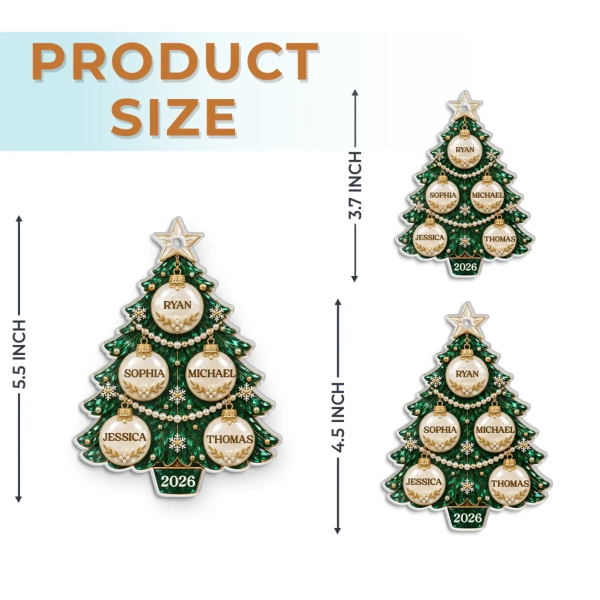 Acrylic ornament size guide showing 3.7-inch, 4.5-inch and 5.5-inch options