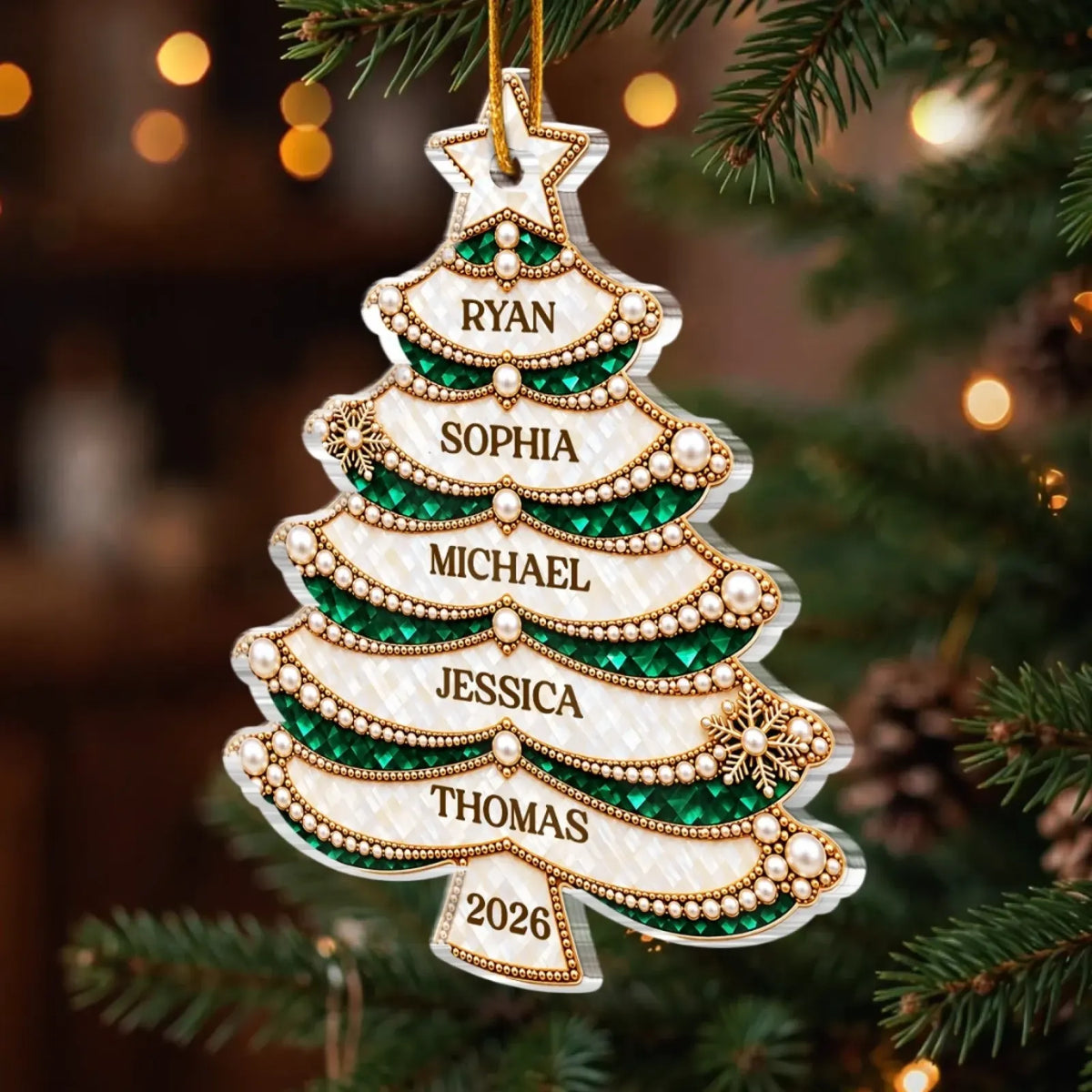 Personalized Layered Family Name Tree Acrylic Ornament - close-up or held view of the personalized ornament design