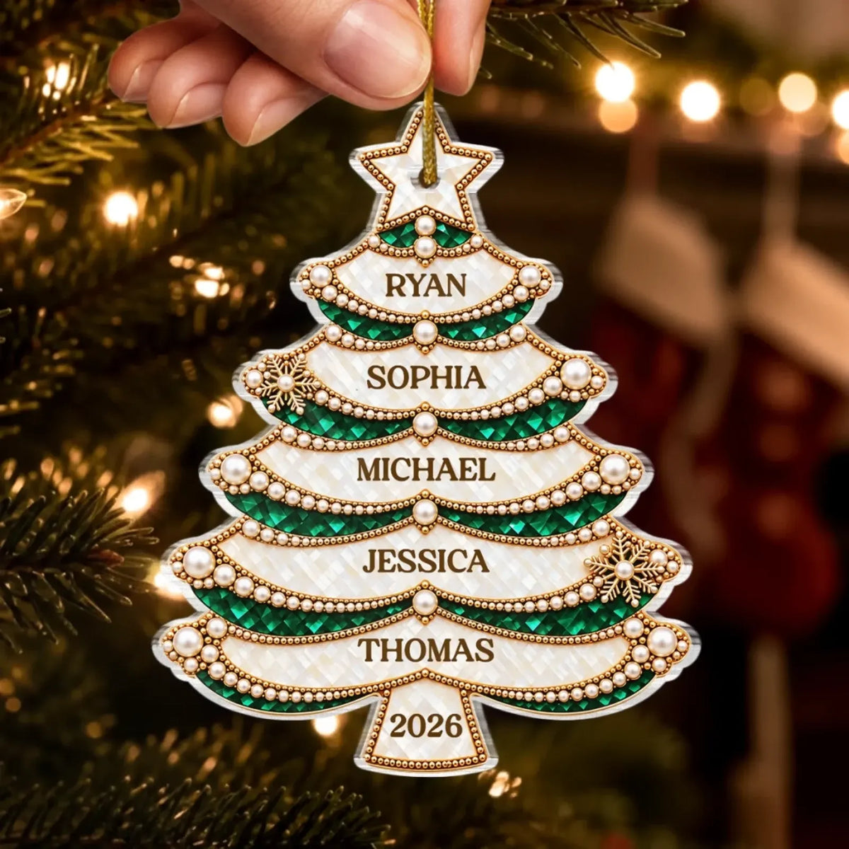 Personalized Layered Family Name Tree Acrylic Ornament - close-up or held view of the personalized ornament design