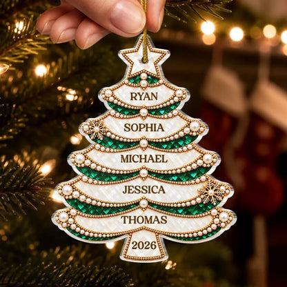 Personalized Layered Family Name Tree Acrylic Ornament - close-up or held view of the personalized ornament design